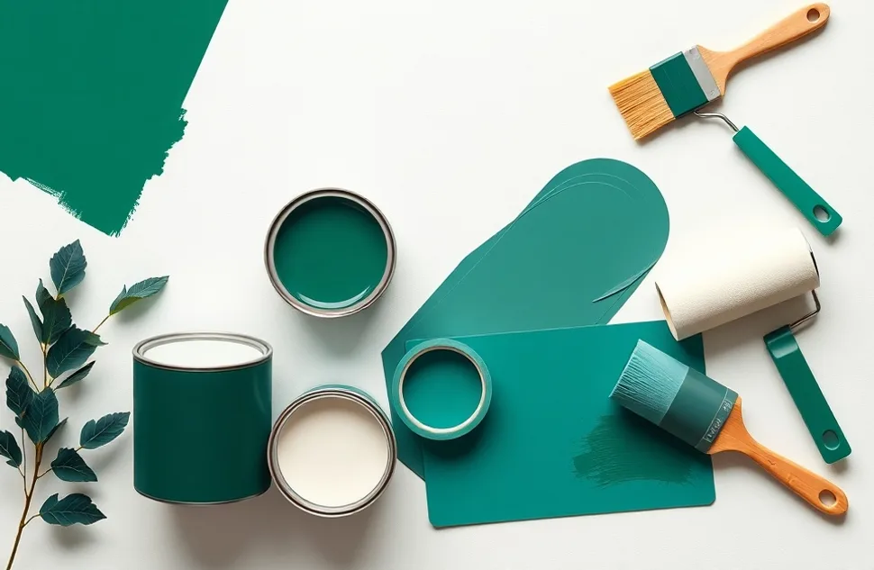 Pots de peinture, nuancier, brosses et rouleaux disposés à plat