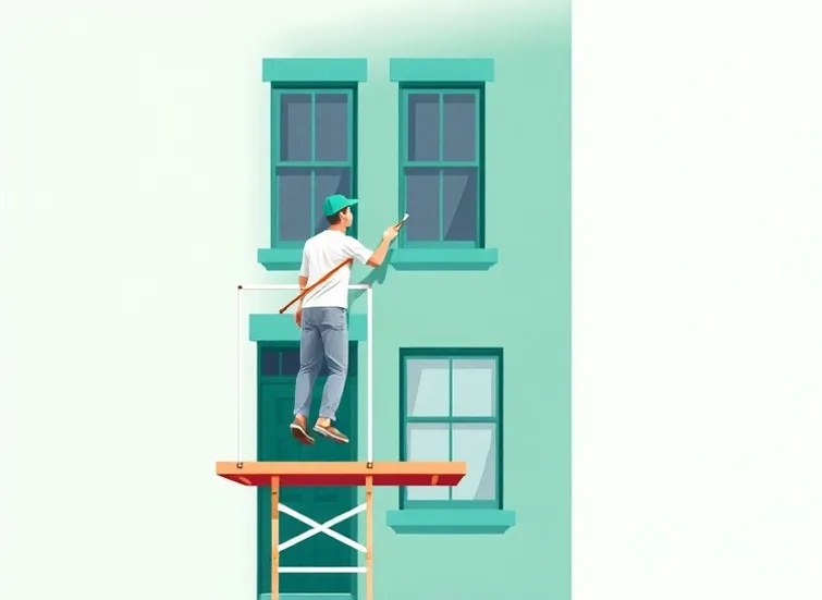 Peintre sur échafaudage traitant la façade d'une maison