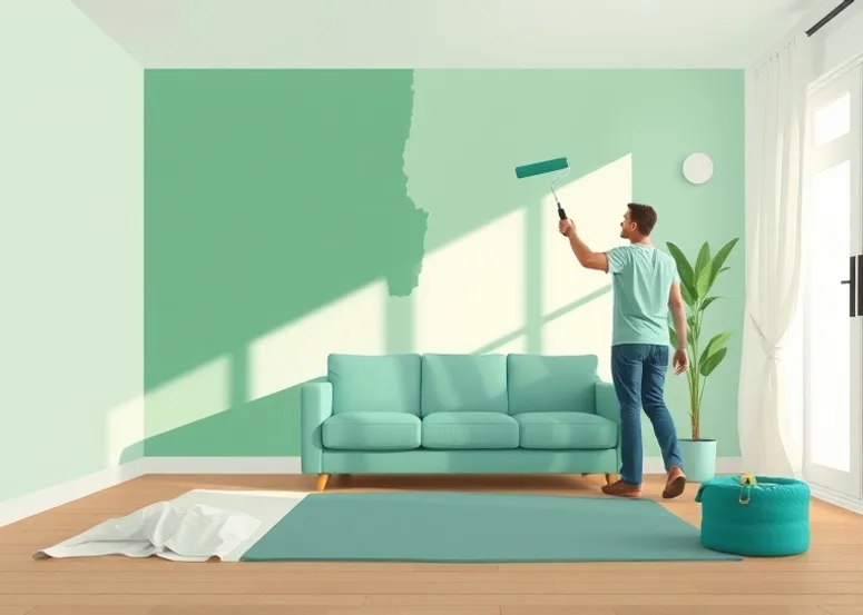 Peintre appliquant la peinture au rouleau sur un mur de salon